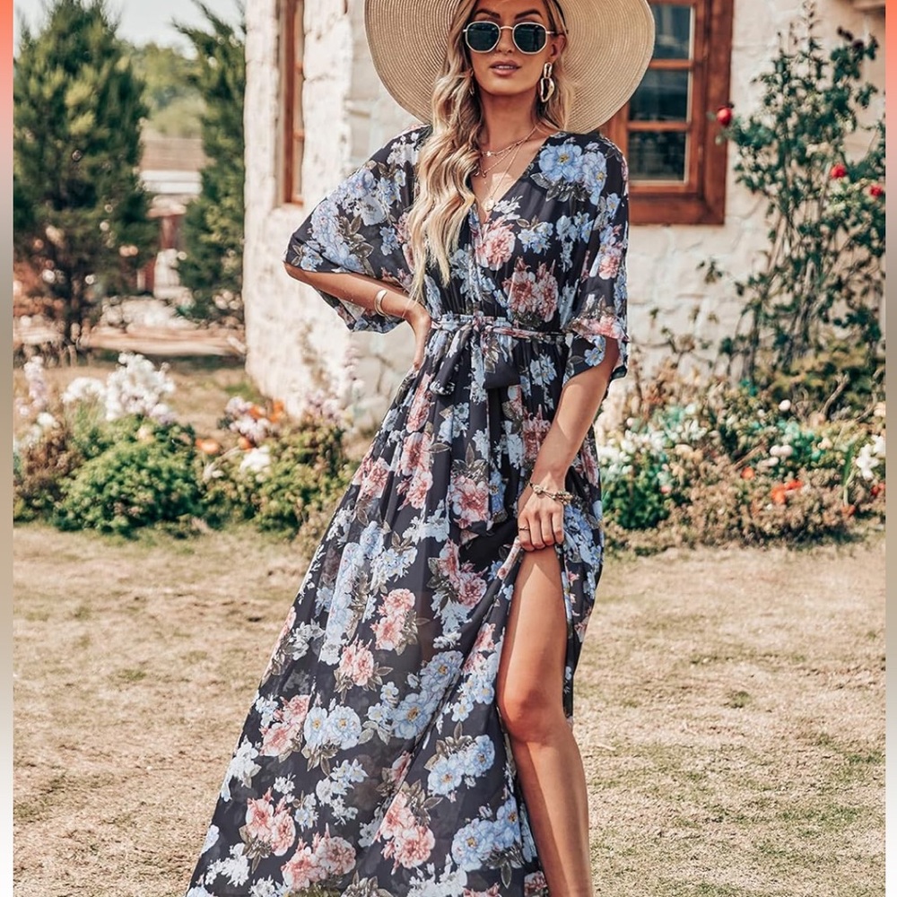 Loose Boho Flowy Wrap V Neck 3/4 Sleeve Floral Print Slit Long Maxi Dresse